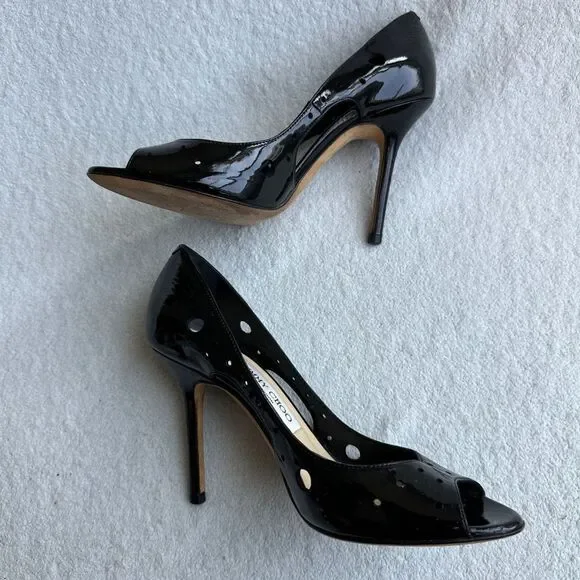 Jimmy Choo London Black Women's 36.5 US 6.5 Patent Leather Dorsay Pumps Peep Toe - Picture 3 of 9